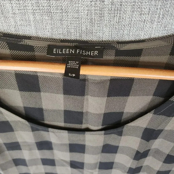 New $238 Eileen Fisher Tunic Dress Sz S/P Black Green Silk Buffalo Plaid Chiffon - Picture 9 of 12